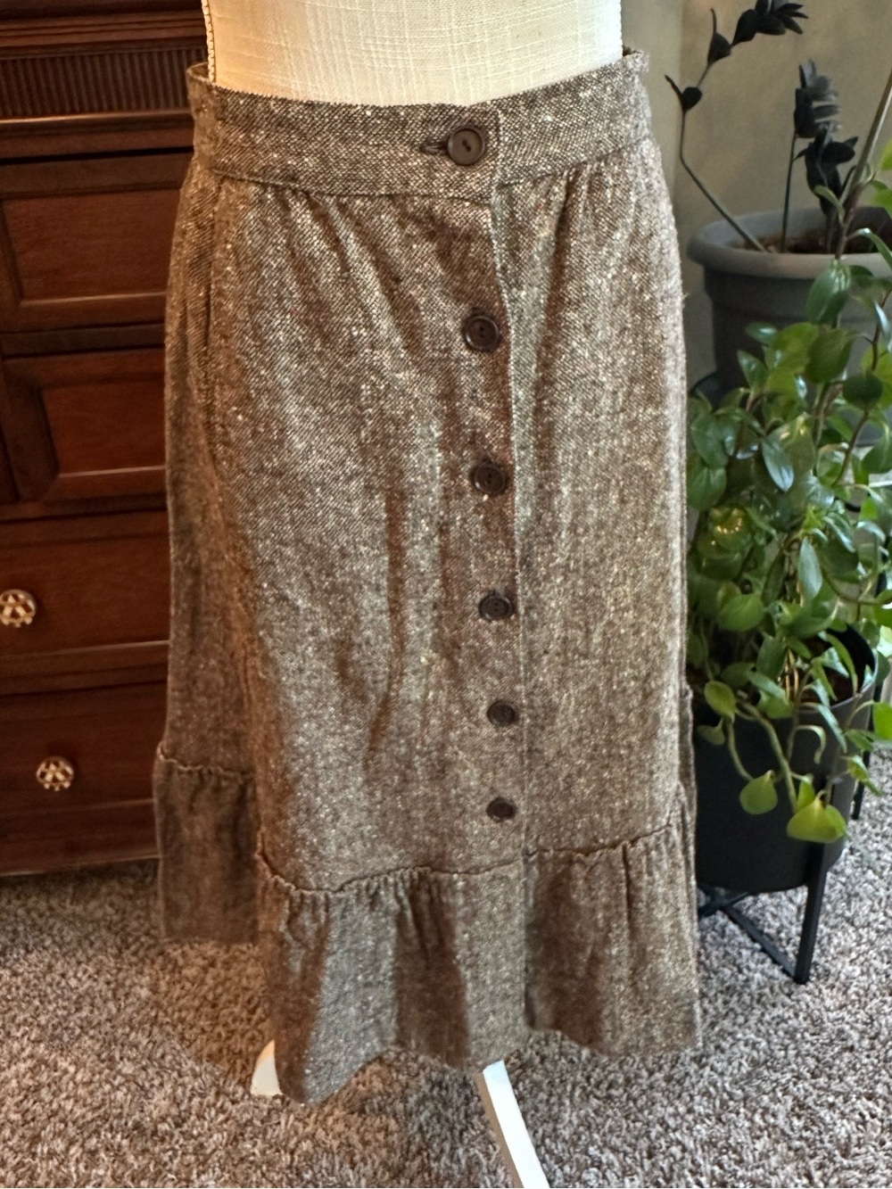 Vintage Button-Front Brown Tweed Midi Skirt